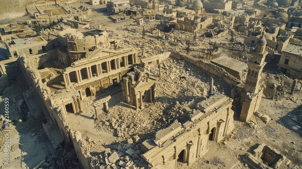 Wall mural an aerial view of a destroyed cultural heritage site, the collapsed structures and wreckage telling 