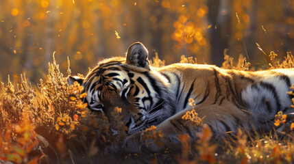 An Amur tiger gracefully resting in a sunlit patch, the golden rays highlighting its majestic coat and adding a touch of enchantment to the scene.