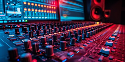 Fototapeta premium Professional audio mixing console in modern recording studio with vibrant lighting 
