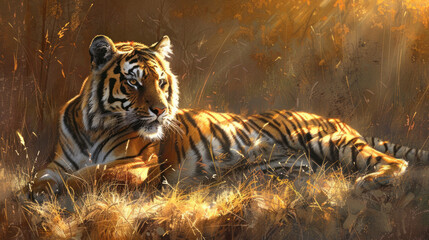 Fototapeta premium An Amur tiger gracefully resting in a sunlit patch, the golden rays highlighting its majestic coat and adding a touch of enchantment to the scene.