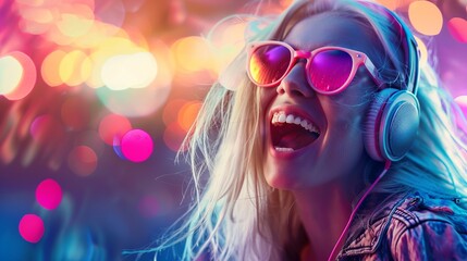 Super beautiful hippie woman with white long hair. She  is laughting and Wearing pink sunglases and headphones. Explosion of colours in background