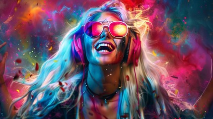 Super beautiful hippie woman with white long hair. She  is laughting and Wearing pink sunglases and headphones. Explosion of colours in background