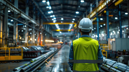 An industrial engineer in a hard hat and safety vest, surveying a bustling production floor filled with machinery, ensuring smooth operations and efficiency.
