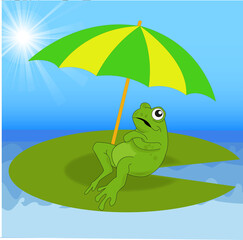 Grenouille assise sur une feuille de nénuphar sous un parasol avec fond de ciel en dégradé bleu	