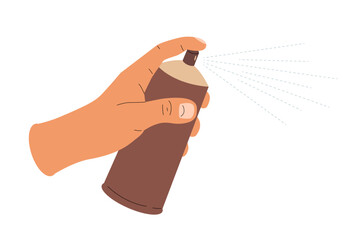 Cartoon man hand with spray. Illustration of a hand holding and spraying a brown aerosol can on a white background. Simple vector design for posters, stickers, and prints.