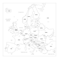 Political map of Europe. Blue colored vector map with capital cities of european countries and bodies of water around continent. © pyty