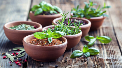 Aromatic herbs and spices neatly organized in charming bowls on a rustic wooden backdrop, ideal for culinary creativity or wellness concepts.