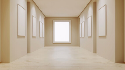 Fototapeta premium Beige corridor's minimalist elegance highlighted by a large landscape frame.