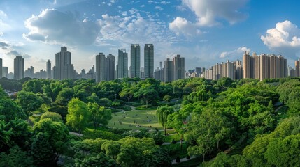 Obraz premium Panoramic view of a city park during the vibrant fall season, colorful foliage contrasting with skyscrapers