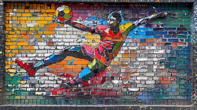Colorful brick wall with colorful woman soccer player is kicking the ball, graffiti art