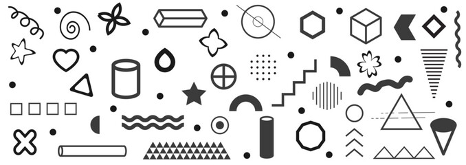Memphis Geometric shapes. Monochrome retro elements for web, vintage, advertisement, commercial banner, poster, leaflet, billboard, sale. Collection trendy halftone vector geometric shapes.