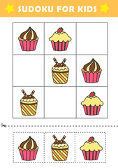 Sudoku logical reasoning activity for kids. Fun sudoku puzzle with cute cupcakes illustration. Children educational activity worksheet.	