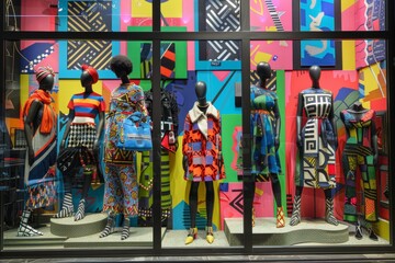 Pop art window display of a high-fashion boutique, mannequins in stylized poses, bold fabrics, and geometric patterns
