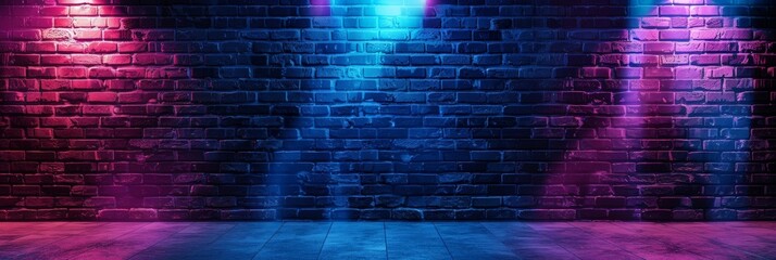 A brick wall with purple and blue neon lights shining on it, for product display. empty dark scene laser beams neon spotlights reflection on the floor in studio room	
