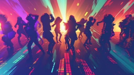 A lively digital dance party featuring silhouetted figures under radiant neon lights and vivid laser beams, creating an energetic, futuristic atmosphere.