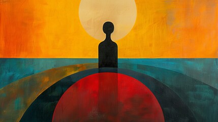 A minimalist depiction of abstract renewal, with a central figure that appears to rise from dark, muted tones into bright, vivid colors. The simple lines and shapes emphasize the concept of renewal