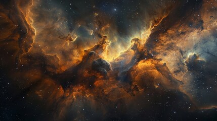 Fototapeta premium Cosmic photograph of a nebula, showcasing a dramatic interstellar cloud of dust and gases, illuminated by nearby stars