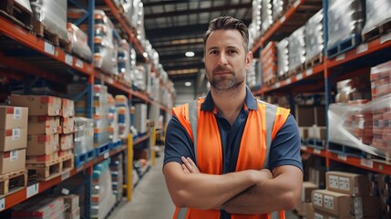 A confident warehouse worker stands in front of shelves filled with goods, arms crossed and looking directly at the camera.
