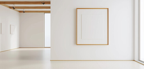 Captivating and surreal floating empty frame in a minimalist art gallery, extended format.