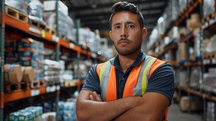 A confident warehouse worker stands in front of shelves filled with goods, arms crossed and looking directly at the camera.
