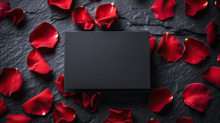 Fallen rose petals scattered around a black card on a black background