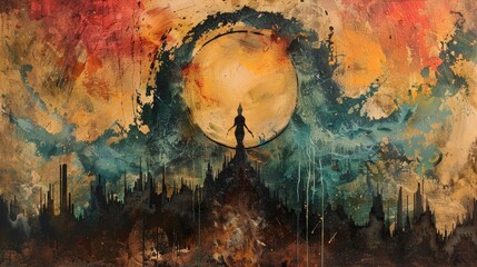 An abstract representation of rebirth, featuring a central figure that appears to be transforming from a state of decay into vibrant life. The use of simple lines and muted colors emphasizes the