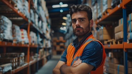 Fototapeta premium A confident warehouse worker stands in front of shelves filled with goods, arms crossed and looking directly at the camera. 