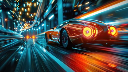 Fototapeta premium Sports car on the move: an elegant automobile speeding down the road, blending luxury with performance for an unmatched driving experience.