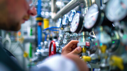 Chemical plant operator in protective clothing, checking equipment and monitoring gauges, highlighting the importance of safety and precision in industrial processes.