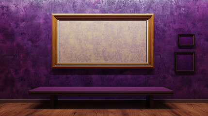 Elongated empty frame in a gallery on a rich purple wall, regal impression.