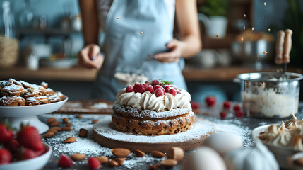 A woman baking in a kitchen: showcasing the creativity and joy of this delicious and rewarding hobby with a photo realistic concept