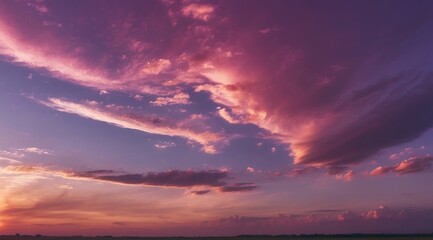 Fototapeta premium Panoramic photo, view of a pink and purple sky at sunset