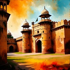 Lahore fort made with musty oil painting effects and brush strokes, vibrant colours as abstract art 