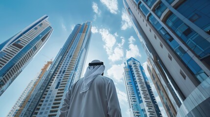 Arab man looking at modern tall building