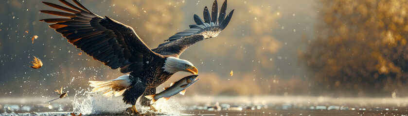 Bald eagle catching fish: illustrating precision and hunting prowess as a bird of prey in a photo realistic lake scene