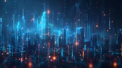A digital illustration of an abstract city skyline made from glowing data points and bar graphs, set against a dark background with blue highlights for depth.
