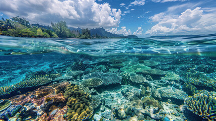 Crystal-clear waters revealing a vibrant coral reef, a hidden underwater world alive with color and mystery.