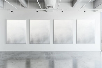 Artistic display of multiple blank landscape posters aligned on a broad white gallery wall.