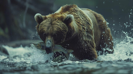 A majestic bear showing its strength and skill by catching salmon in a river   Photo realistic wildlife concept