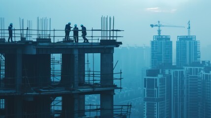 Construction engineer and businessman inspect and control building project on construction site.