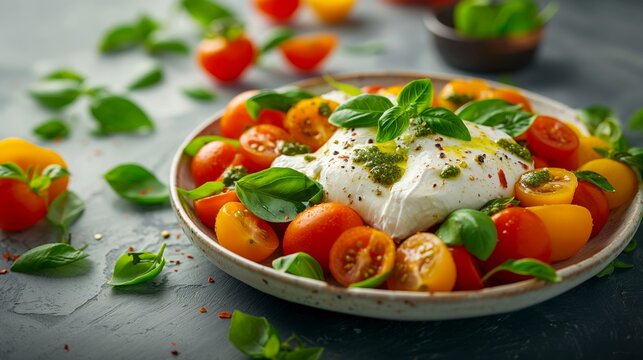 Burrata, Italian fresh cheese made from cream and milk of buffalo or cow. Burrata salad with tomatoes and salad mix. Healthy eating concept. Keto diet salad. Close up.