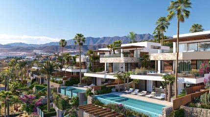 A modern residential complex in Spain offering one, two, and three-bedroom apartments with...