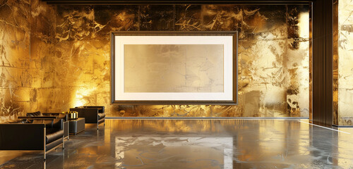 Wide empty frame in a luxurious gallery, set against a metallic gold wall.
