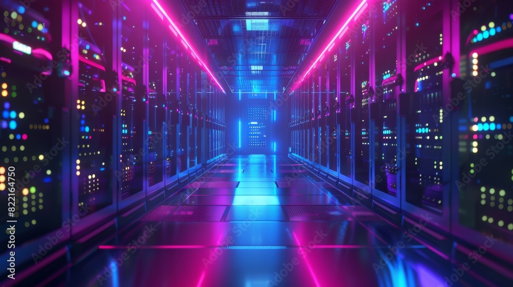 Poster corridor in working data center with rack servers and supercomputers. foreground shows different com
