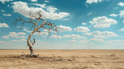 Desert landscape and dead tree with sky. Drought.