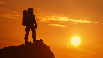 First manned mission on Mars. Space exploration, colonization of Mars. Silhouette of an astronaut standing on the Rocky Mountains of the Alien Red Planet/Mars.