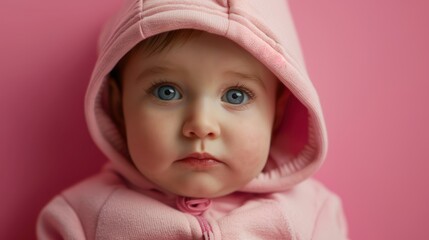 Adorable little child wearing a pink hoodie is looking at the camera while sitting on a pink background.