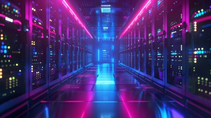 Corridor in working data center with rack servers and supercomputers. Foreground shows different computers illustrative symbols and icons.