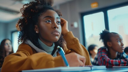 Among her classmates, a beautiful black female student sits on her desk and writes in her notebook while listening to a lecture.