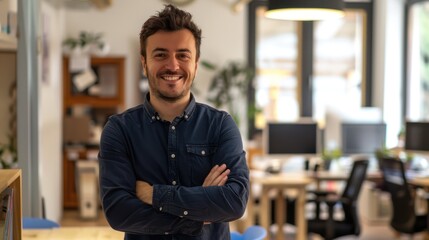 Obraz premium Businessman standing on his chest in front of the office